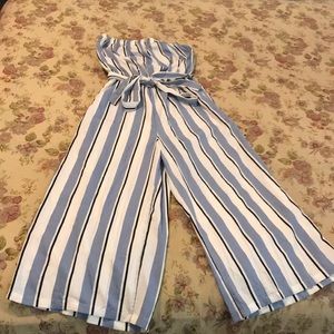 Blue, white, black striped sleeveless romper
